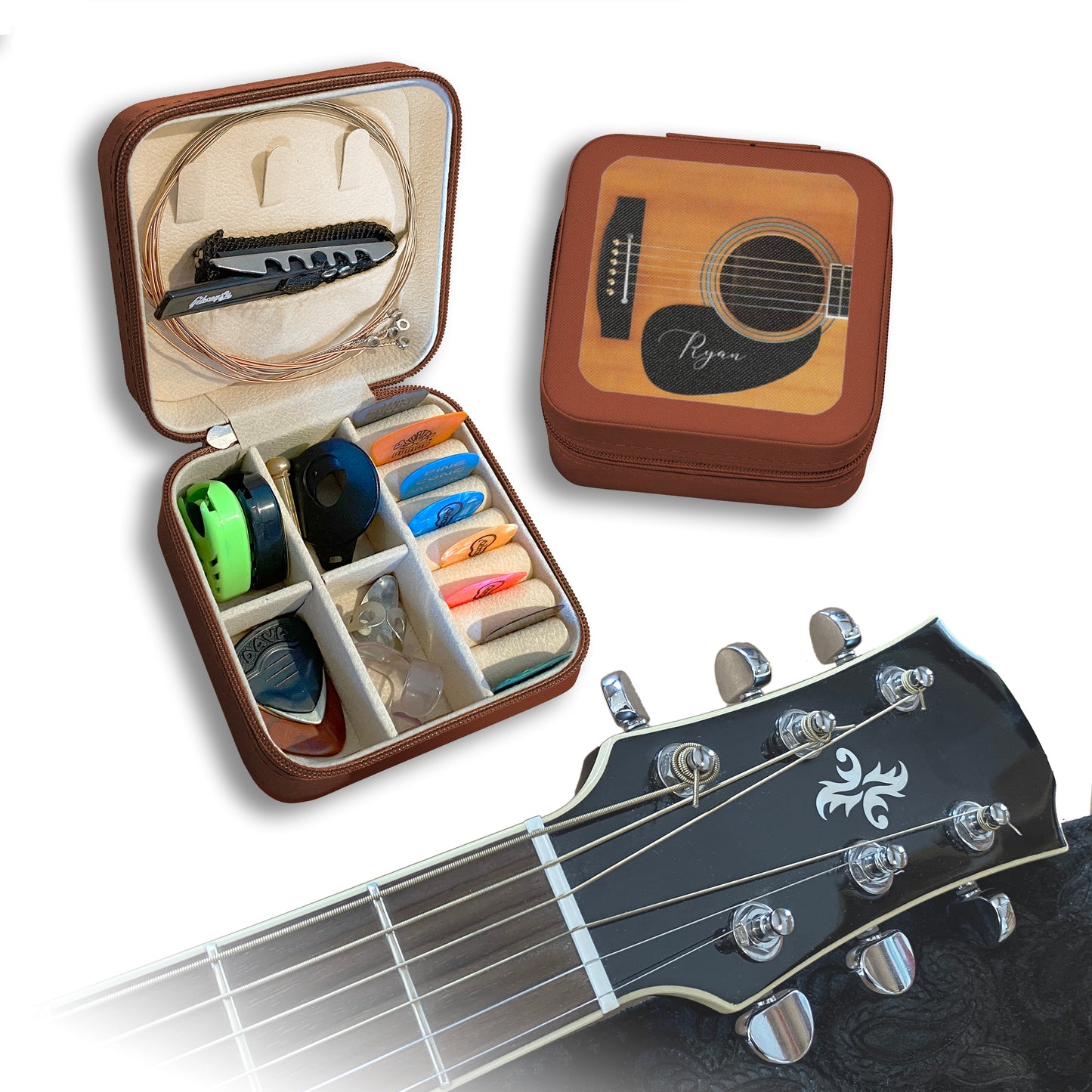 Guitar accessories including a case with guitar parts and a guitar headstock on a white background