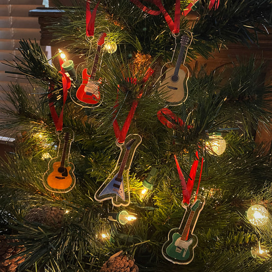 Guitars on Christmas Ornaments, Custom Cut Clear Acrylic, Set of 5 or Individual Pieces