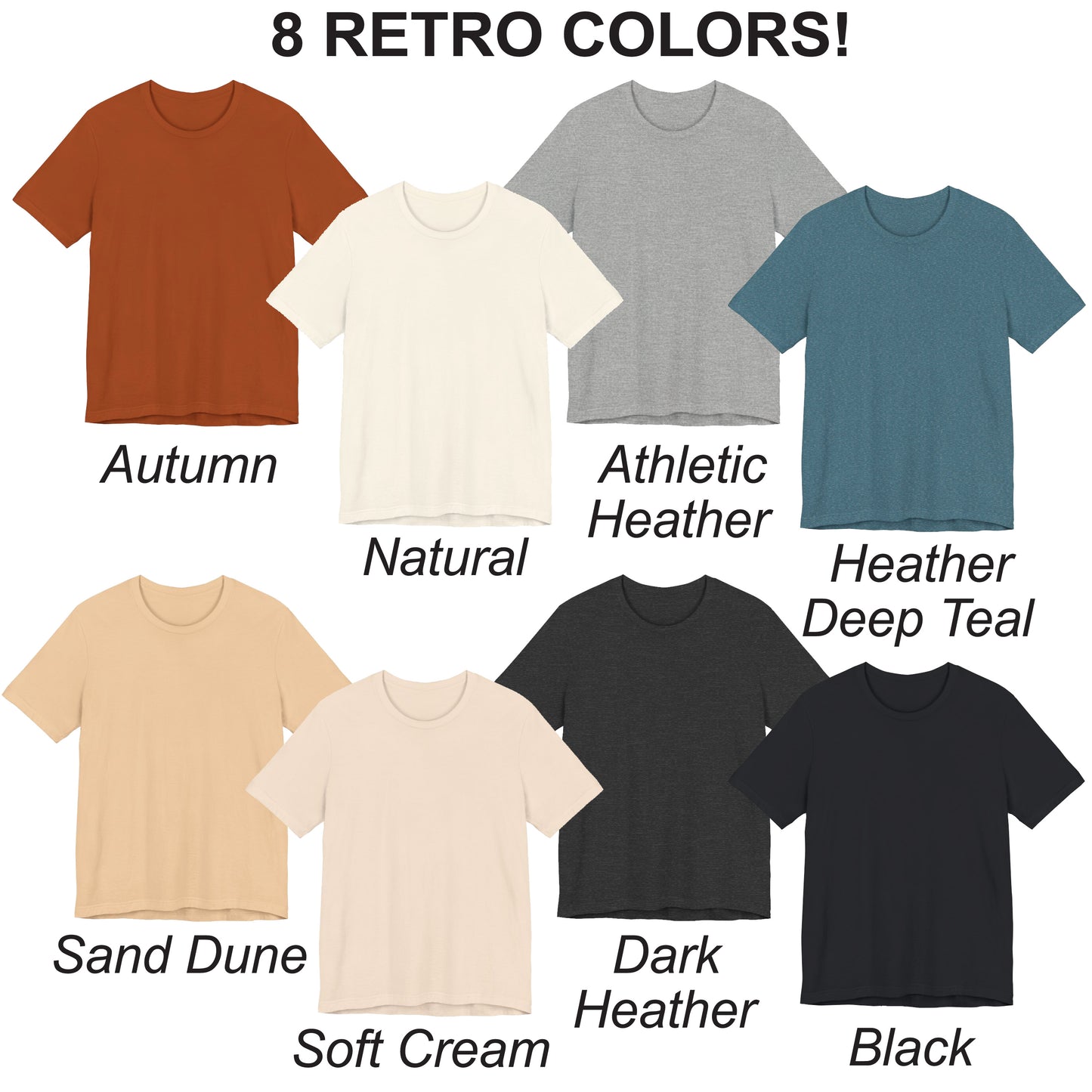 Collection of t-shirts in various retro colors with labels on a white background