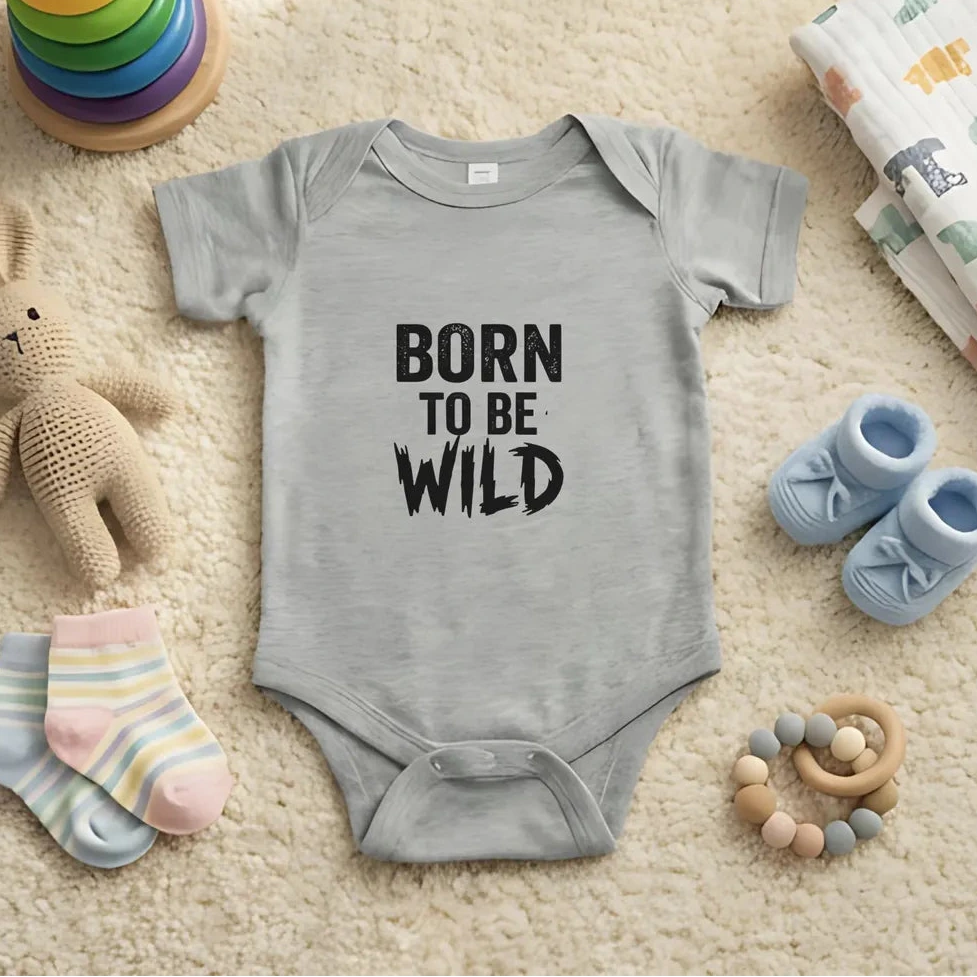 Gray baby onesie with 'Born to be Wild' text on a carpeted floor with toys around