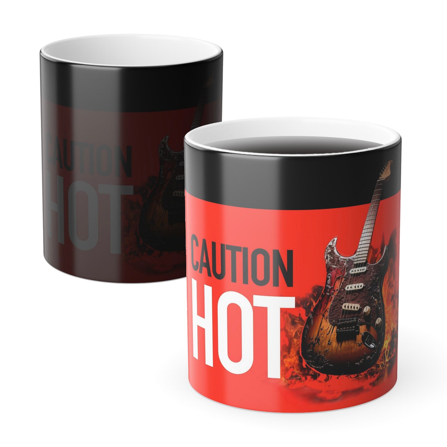 Color changeable Burning Guitar Mug, Caution HOT, Burning Stratocaster on an 11oz Color Morphing Mug - Image appears with hot beverage