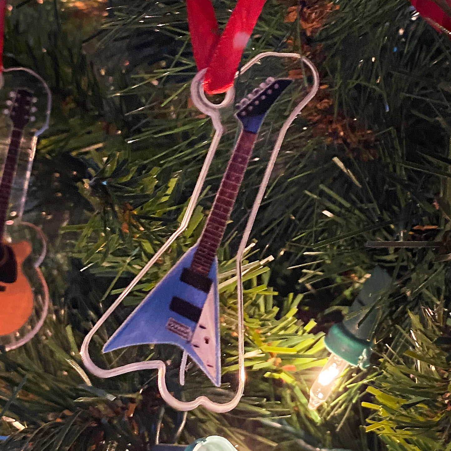 Guitars on Christmas Ornaments, Custom Cut Clear Acrylic, Set of 5 or Individual Pieces