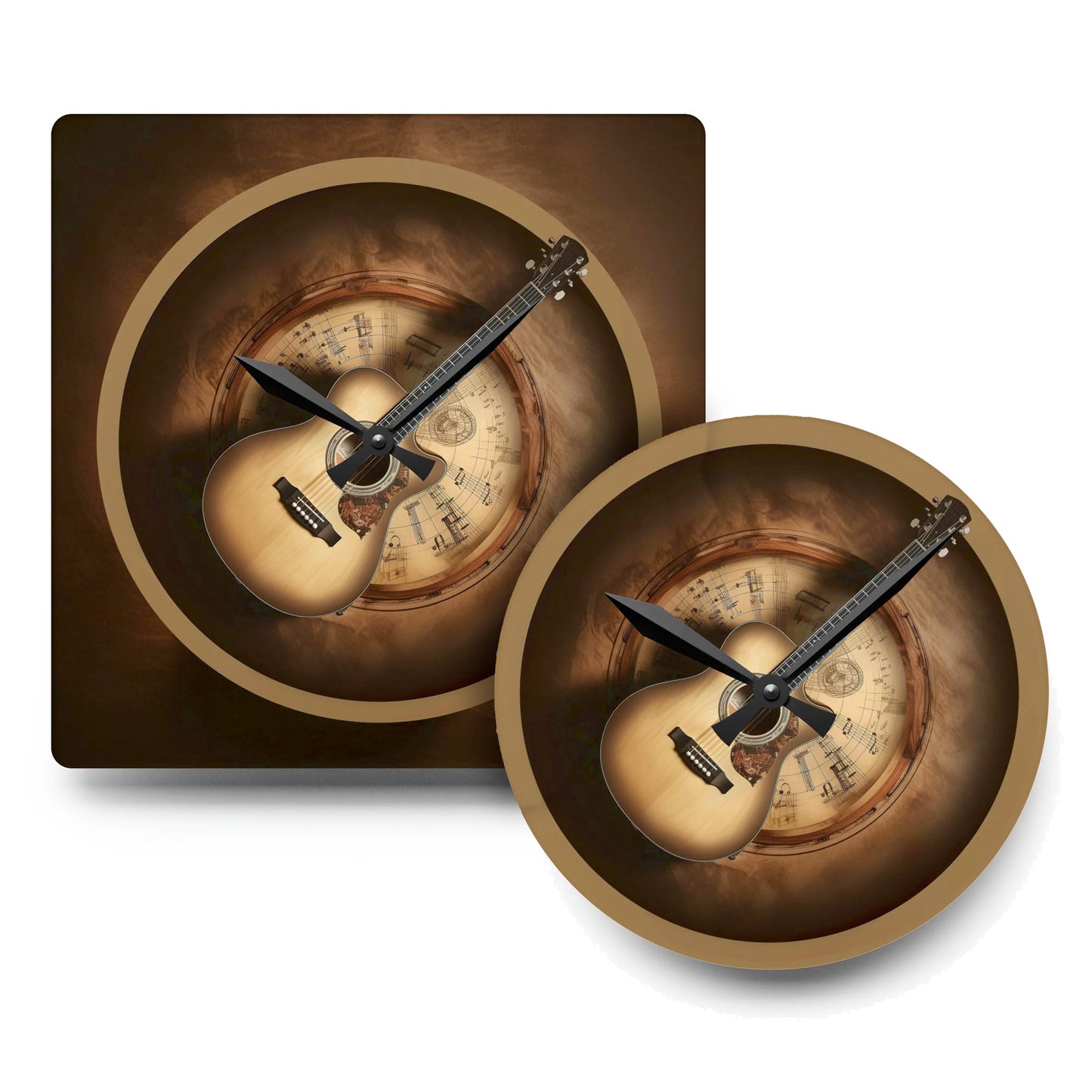 Wall Clock with Acoustic Guitar, Music-themed Acrylic Square or Round options, 2 sizes with black clock hands