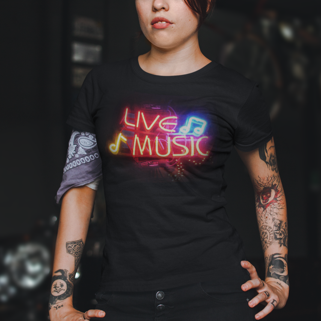 wearing a Live MUSIC T-shirt Neon Sign graphic on Recycled Organic fabric
