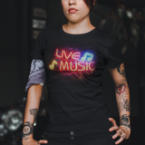 Live MUSIC Neon Sign Retro style bright Recycled Organic Bella+Canvas 3001 Music-themed unisex Tee, on black