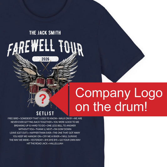 Personalized Retirement FAREWELL TOUR T-Shirt, RED Drum kit, Music Fan Gift, Funny Custom Shirt for Retiree AnywherePOD