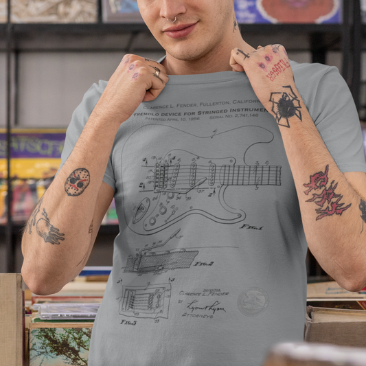 Music Patent Retro Blueprint Stratocaster Tremolo, Softstyle T-Shirt, Gift for Guitar Players, Fender 1956, 5 colors