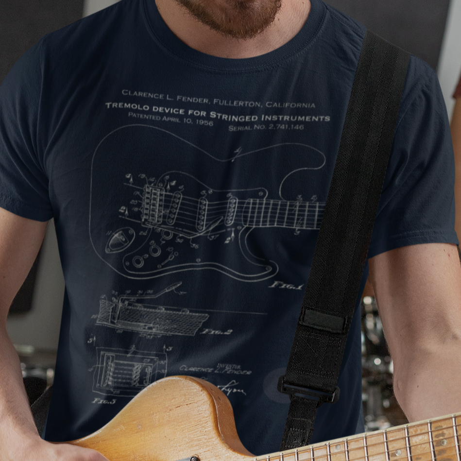 Music Patent Retro Blueprint Stratocaster Tremolo, Softstyle T-Shirt, Gift for Guitar Players, Fender 1956, 5 colors