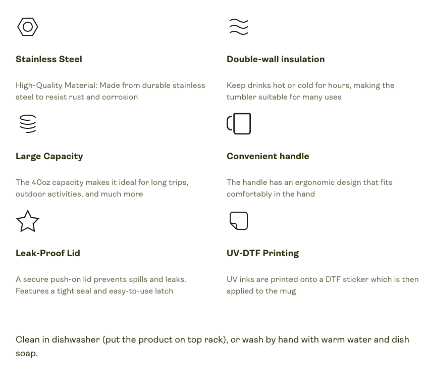 List of features of a stainless steel tumbler with icons and text on a white background