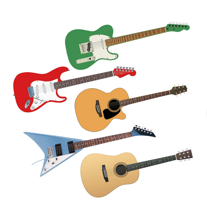 Guitars on Christmas Ornaments, Custom Cut Clear Acrylic, Set of 5 or Individual Pieces