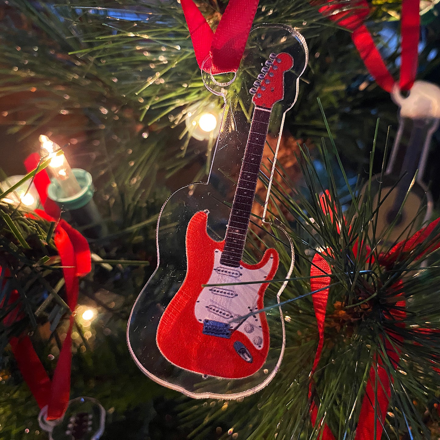 Guitars on Christmas Ornaments, Custom Cut Clear Acrylic, Set of 5 or Individual Pieces