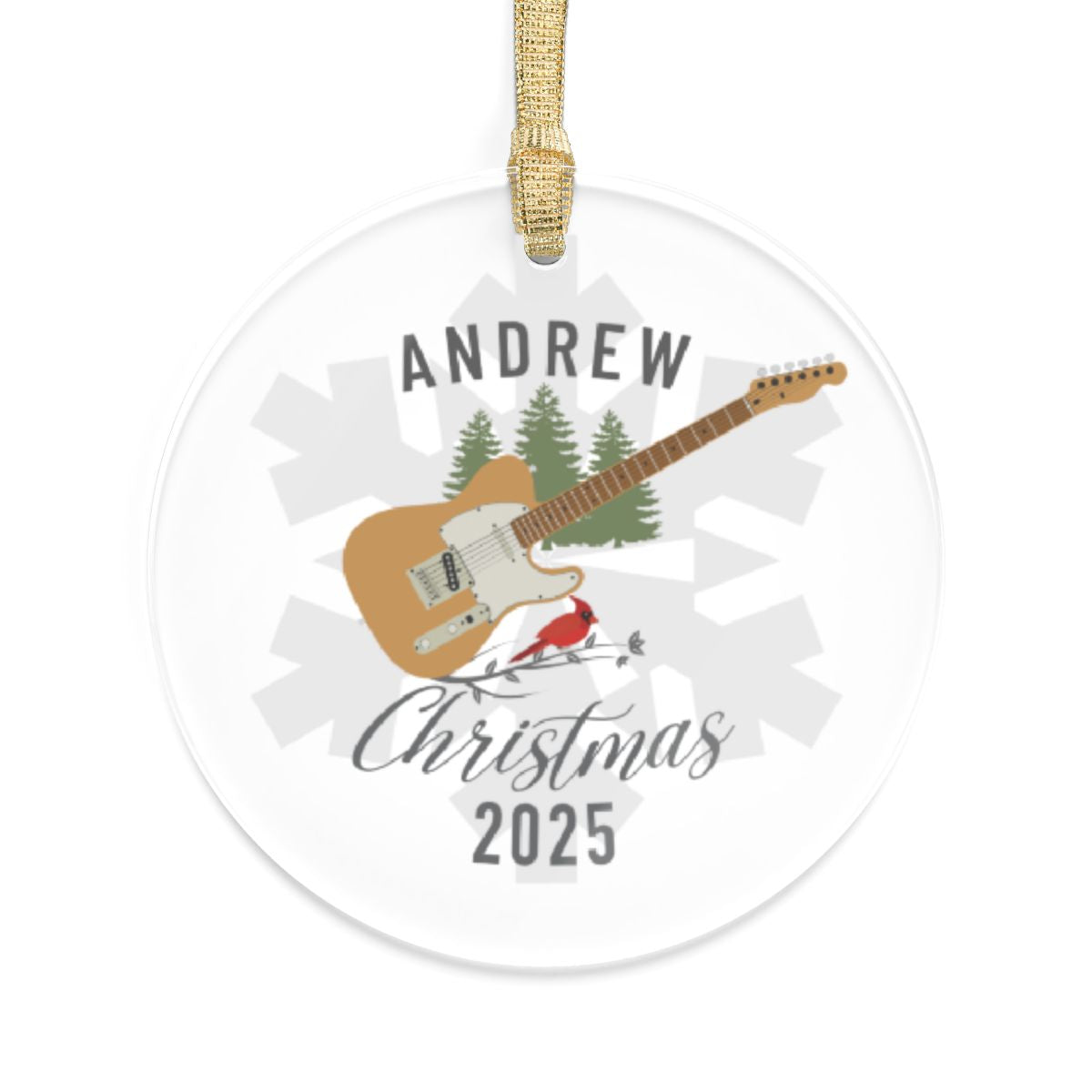 Personalized Guitar Christmas Ornament: Clear Acrylic Snowflake, Musician Stocking Stuffer Gift