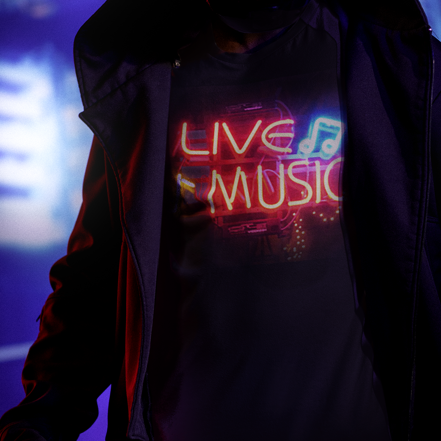 wearing a Live MUSIC T-shirt Neon Sign graphic on Recycled Organic fabric