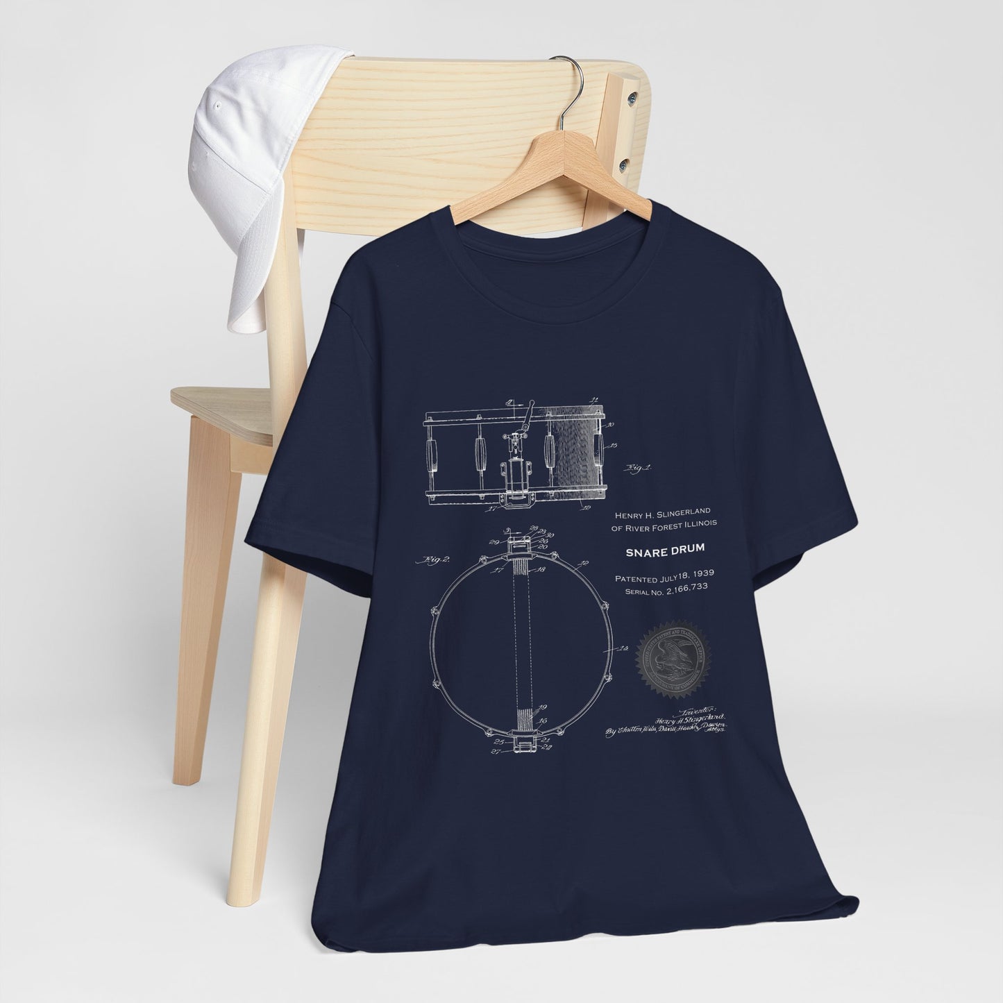 Snare Drum Blueprint T-Shirt, Vintage Drum Patent Tee, Music Lover Gift, Retro Drum Drawing from U.S. Patent Office