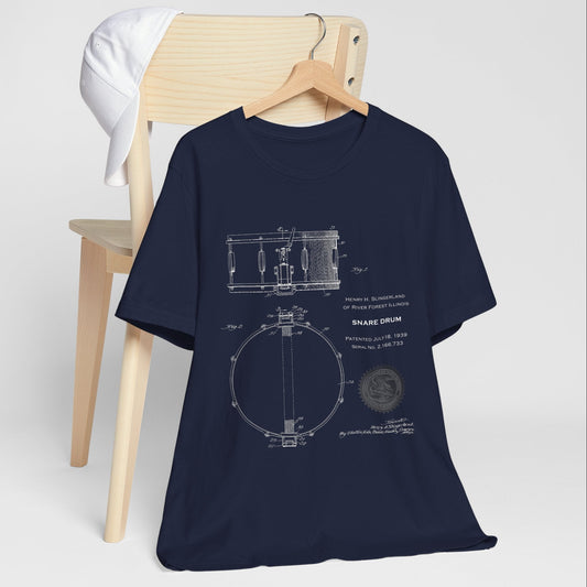 Snare Drum Blueprint T-Shirt, Vintage Drum Patent Tee, Music Lover Gift, Retro Drum Drawing from U.S. Patent Office 