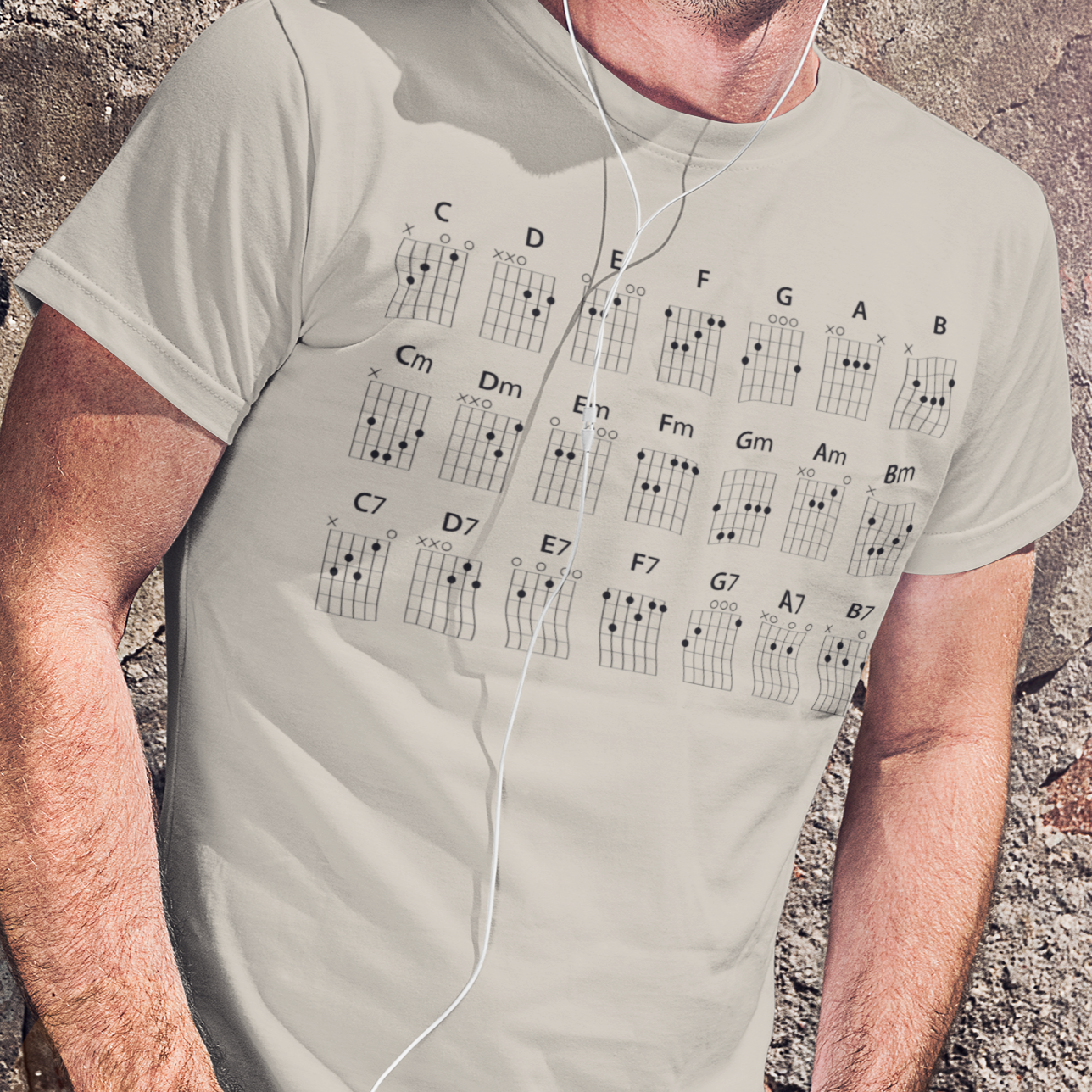 Guitar CHORDS Unisex Heavy Cotton Gildan 5000 Tee, many colors, with all major, minor and seventh chords