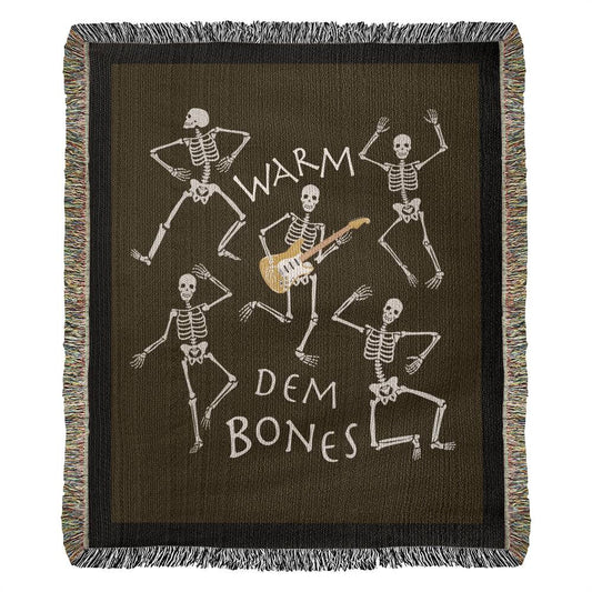 Heirloom Woven Blanket, Warm Dem Bones, Dancing and guitar playing skeletons, Halloween gift for Music Fans and Guitar players