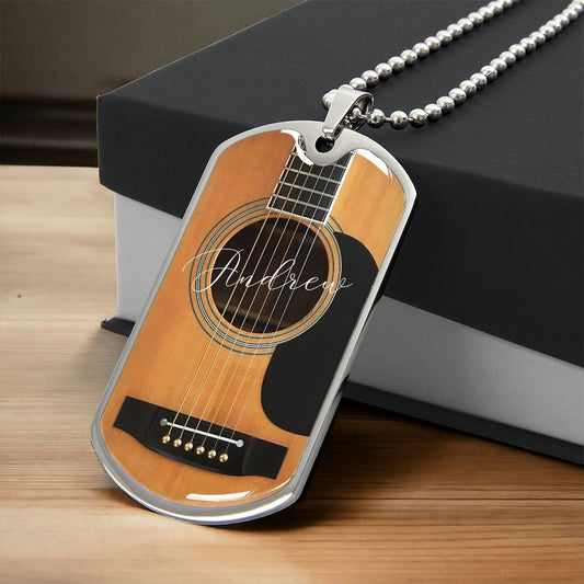 Personalized Guitar Dog Tag Necklace for Music Lovers, Unique Guitarist Gift, Custom Dog Tag Jewelry, Musician Keepsake AnywherePOD