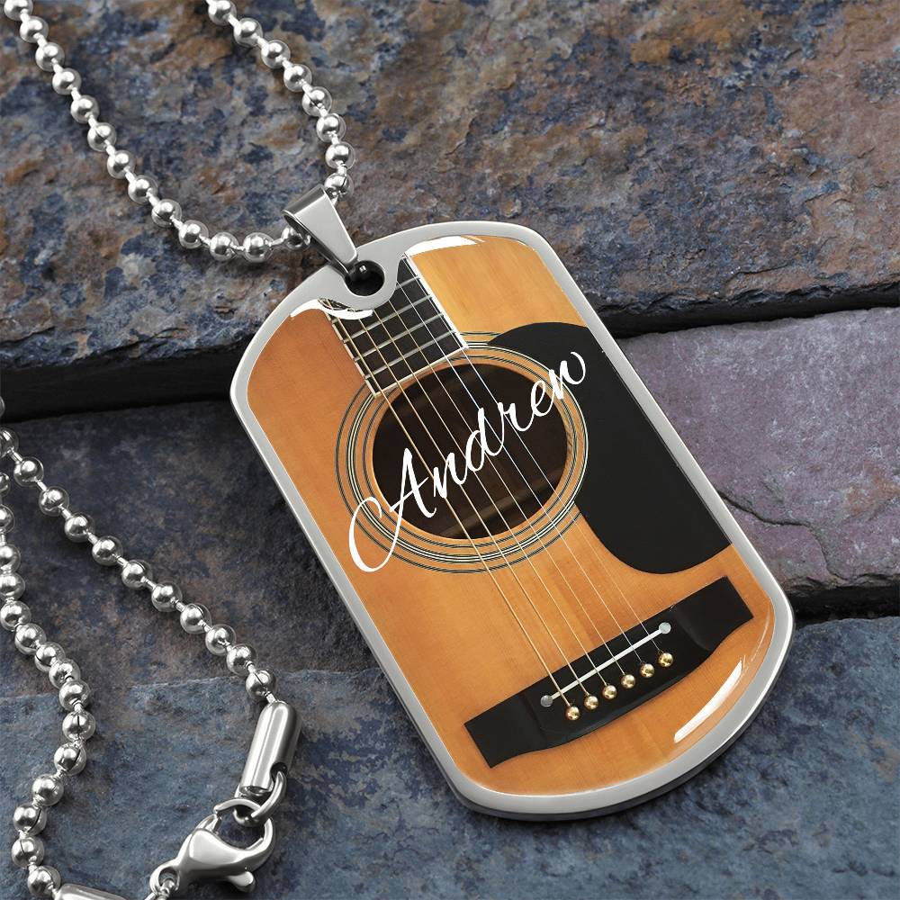 Personalized Guitar Dog Tag Necklace for Music Lovers, Unique Guitarist Gift, Custom Dog Tag Jewelry, Musician Keepsake AnywherePOD