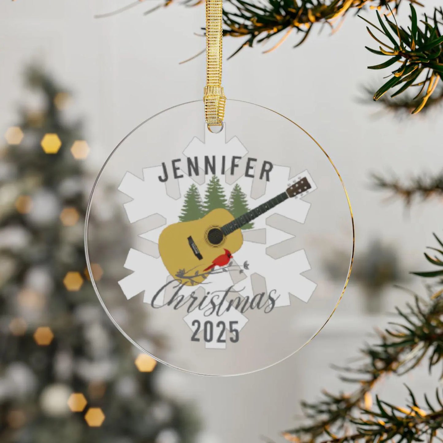Personalized Guitar Christmas Ornament: Clear Acrylic Snowflake, Musician Stocking Stuffer Gift