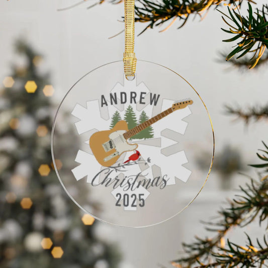 Personalized Guitar Christmas Ornament: Clear Acrylic Snowflake, Musician Stocking Stuffer Gift
