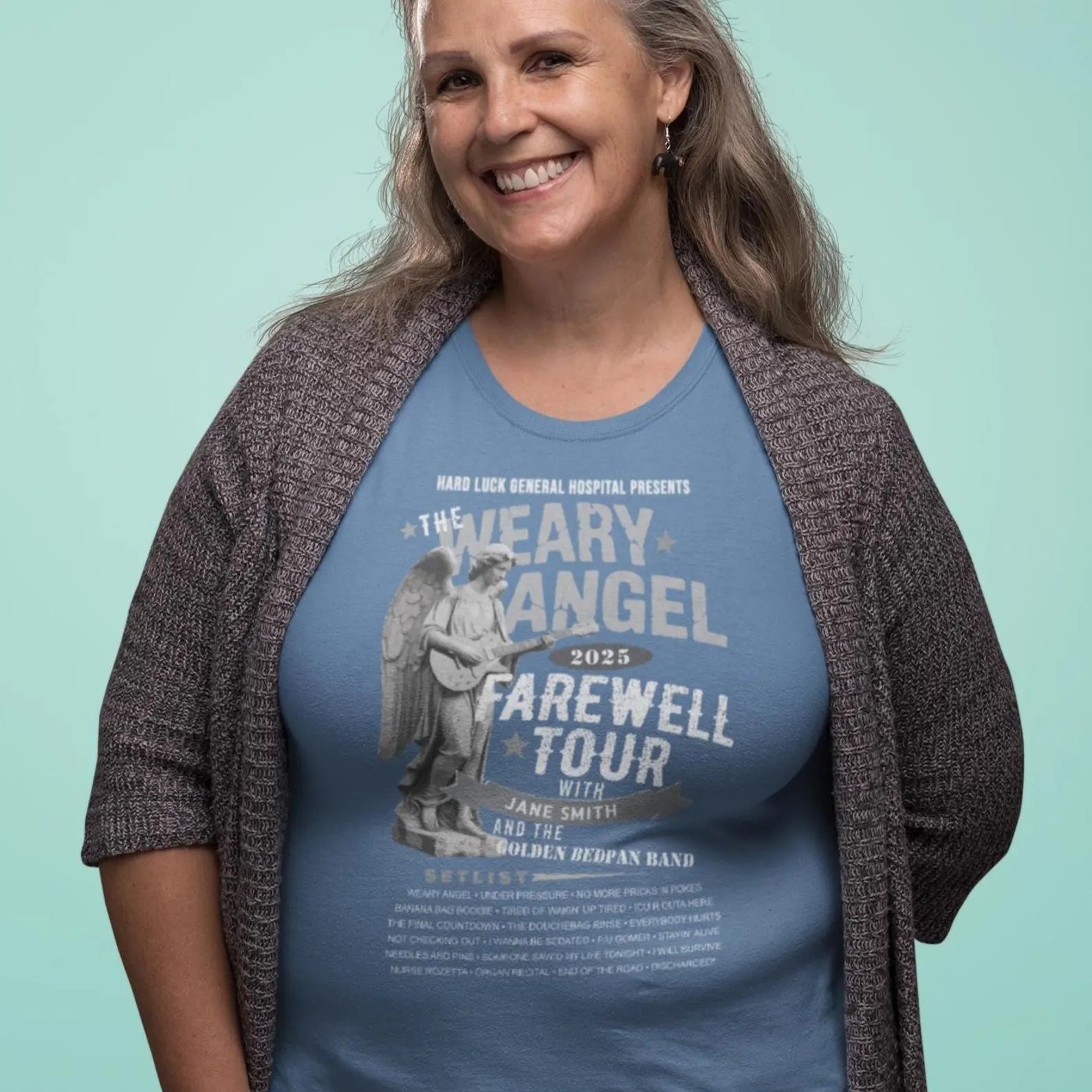 Personalized Nurse Retirement FAREWELL TOUR T-Shirt, Weary Angel Funny Rock-themed Music Fan Gift, Custom Shirt for Health Care Retiree AnywherePOD