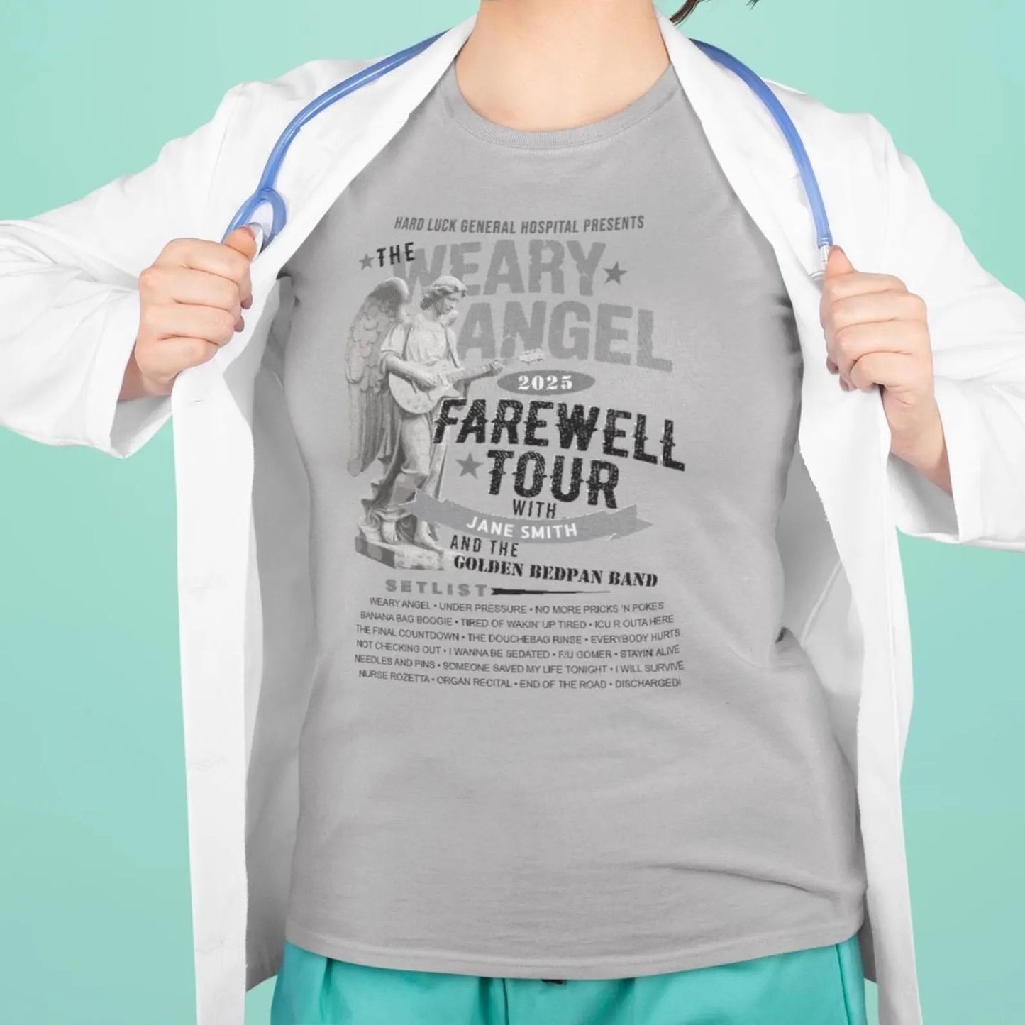 Personalized Nurse Retirement FAREWELL TOUR T-Shirt, Weary Angel Funny Rock-themed Music Fan Gift, Custom Shirt for Health Care Retiree AnywherePOD
