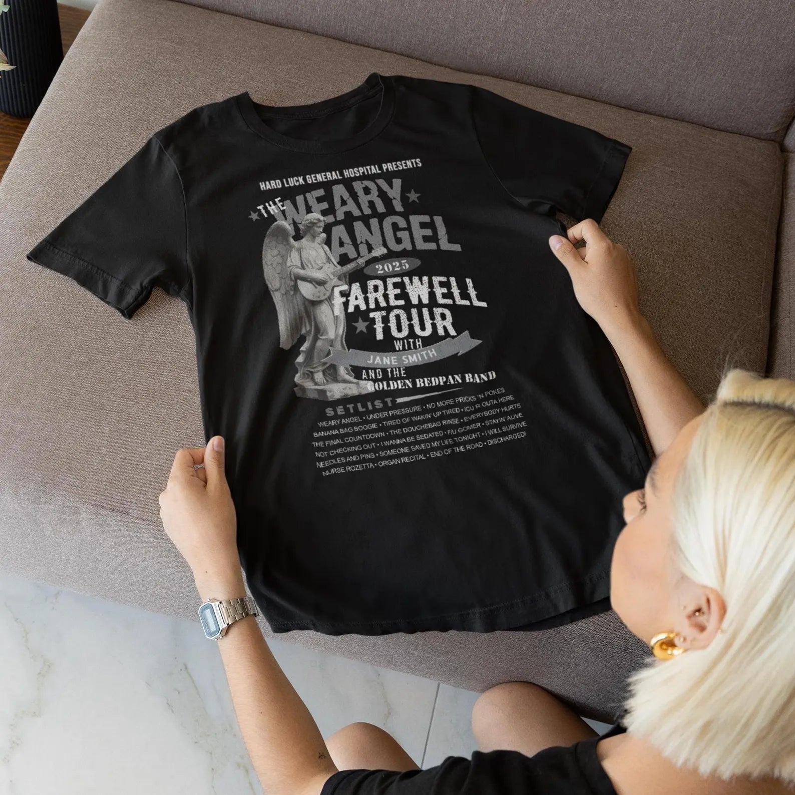 Personalized Nurse Retirement FAREWELL TOUR T-Shirt, Weary Angel Funny Rock-themed Music Fan Gift, Custom Shirt for Health Care Retiree AnywherePOD