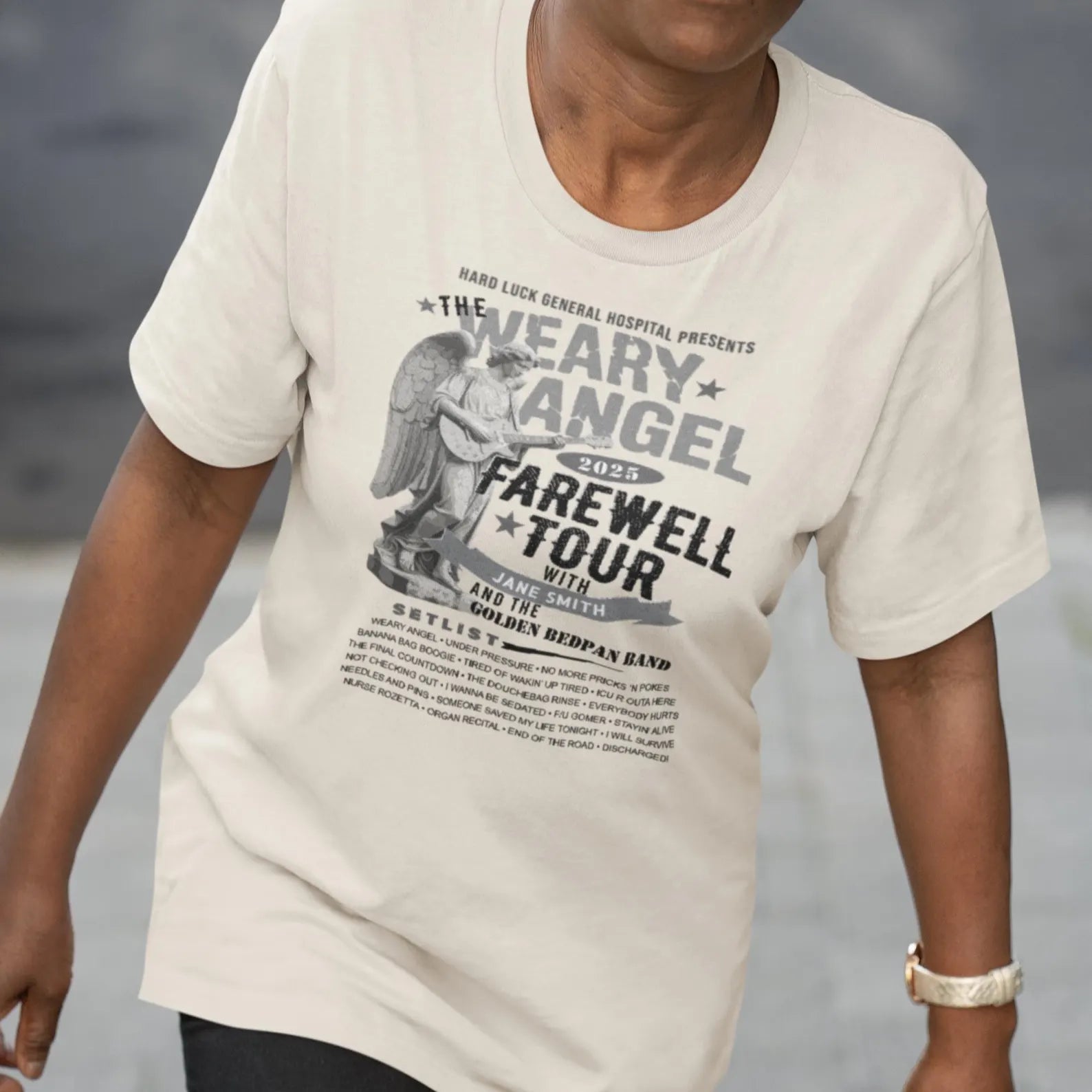 Personalized Nurse Retirement FAREWELL TOUR T-Shirt, Weary Angel Funny Rock-themed Music Fan Gift, Custom Shirt for Health Care Retiree AnywherePOD