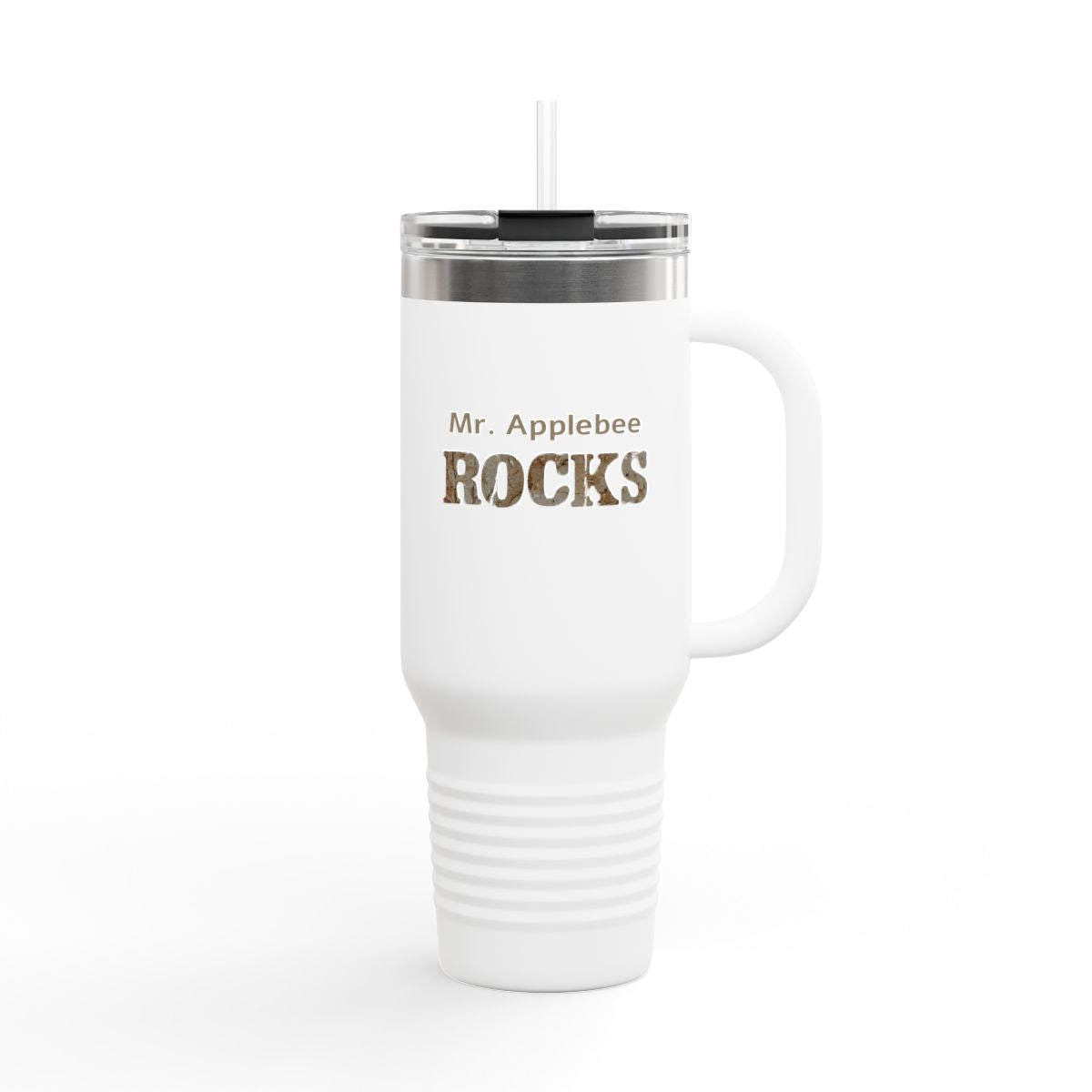 White travel mug with 'Mr. Applebee Rocks' text on a white background