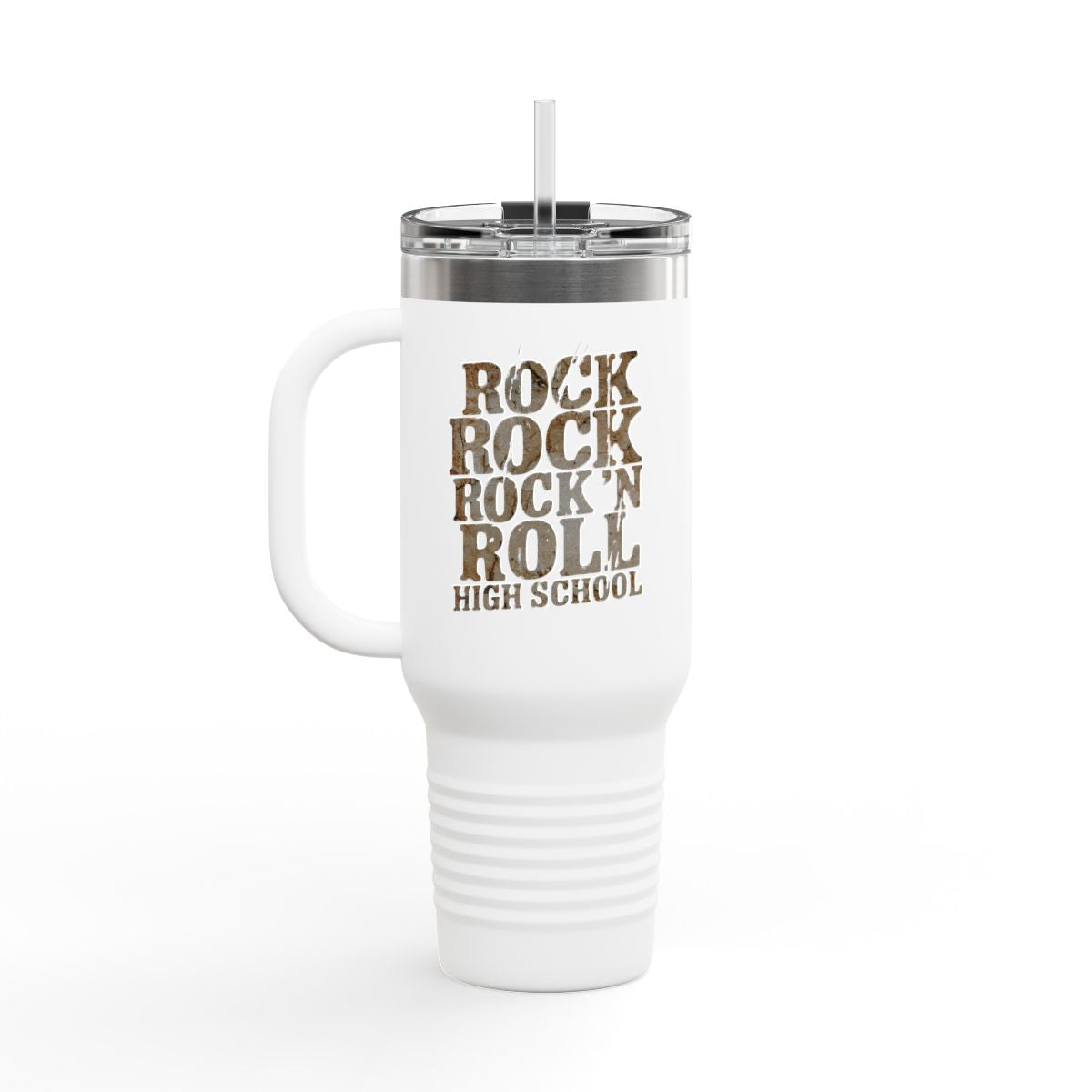 White tumbler with 'Rock Rock Rock 'N Roll High School' text on a white background