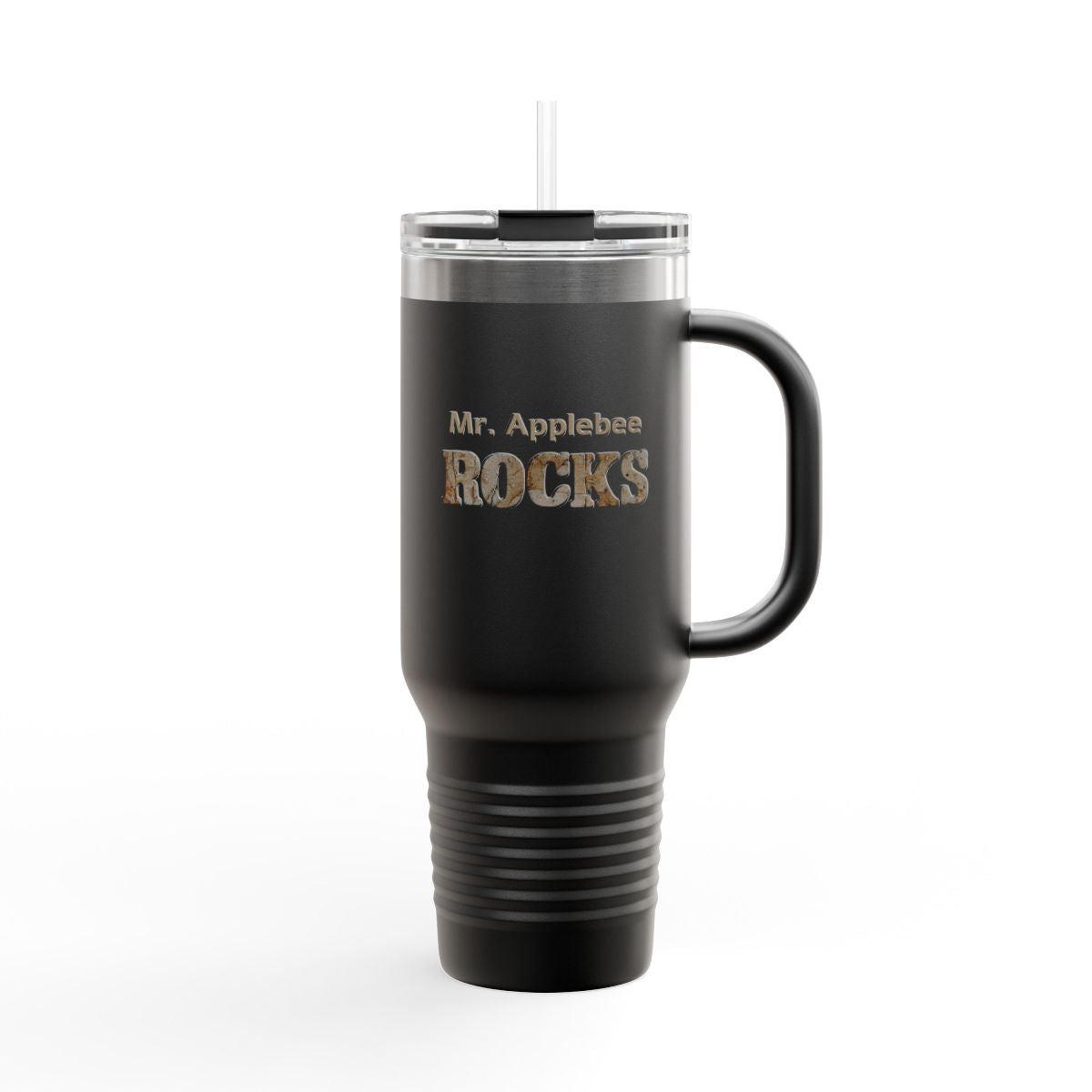 Black travel mug with 'Mr. Applebee's Rocks' text on a white background