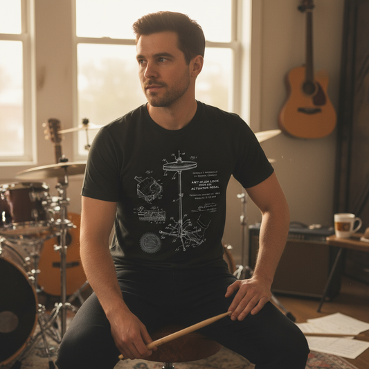 A drummer in a "Vintage Drum Pedal Patent T-Shirt" sits in his studio, holding a drumstick.