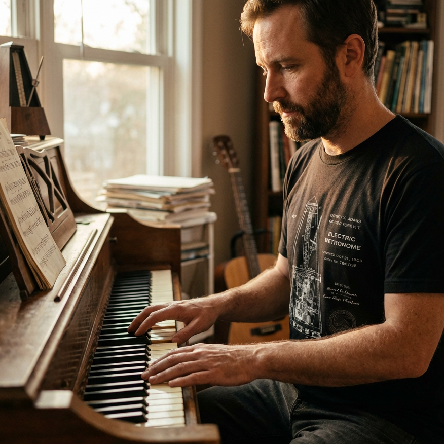 A man in a black "Metronome Patent T-Shirt" plays a wooden piano in a sunlit studio.