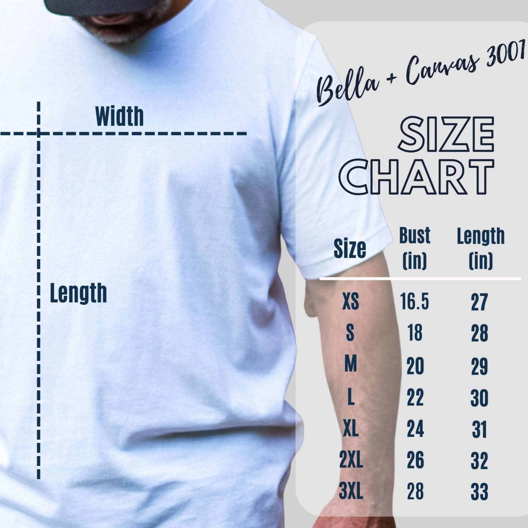 T-shirt, Bella+Canvas 3001 size chart