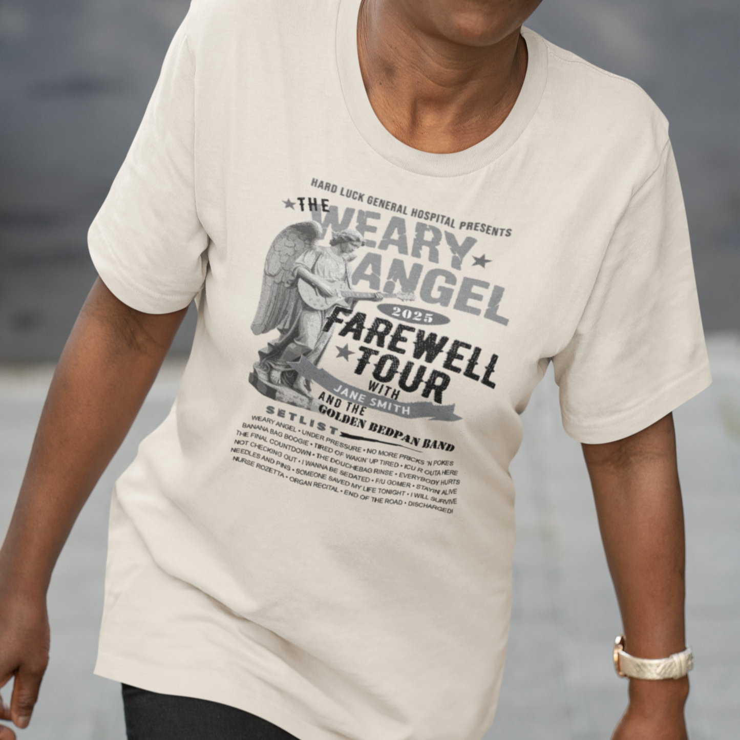 Personalized Nurse Retirement FAREWELL TOUR T-Shirt, Weary Angel Funny Rock-themed Music Fan Gift, Custom Shirt for Health Care Retiree
