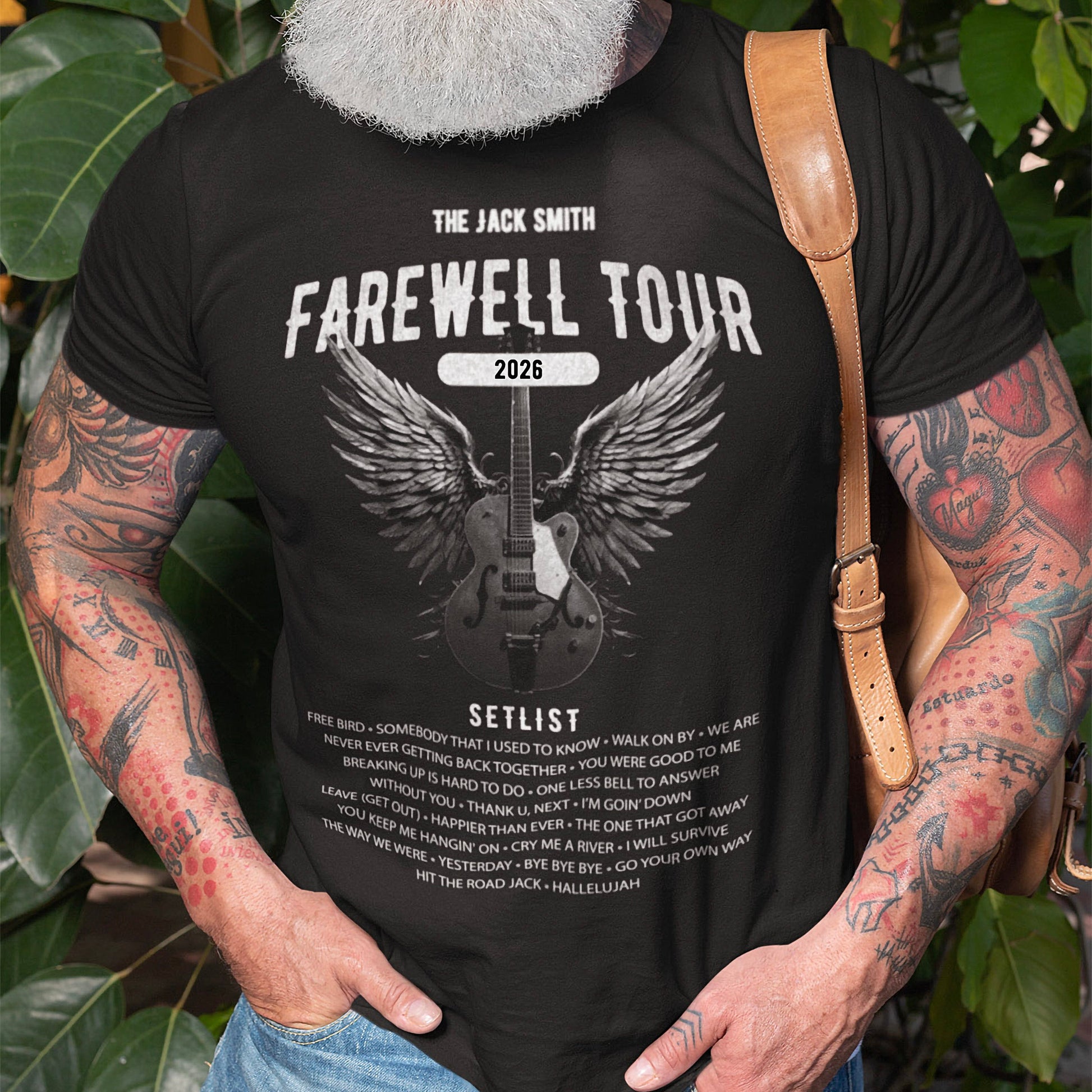 Man wearing a black retirement t-shirt with 'The Jack Smith Farewell Tour 2026' design, standing outdoors with greenery.