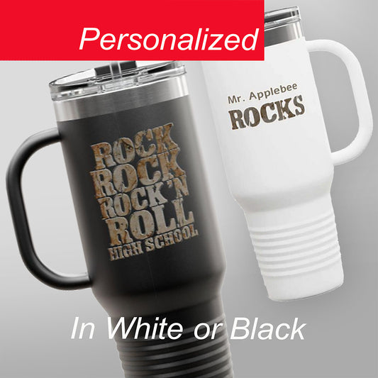 Personalized 40oz Travel Mug, Rock 'n Roll High School Teacher or Student Gift, for Back To School or Teacher Retirement Punk Rock Tumbler