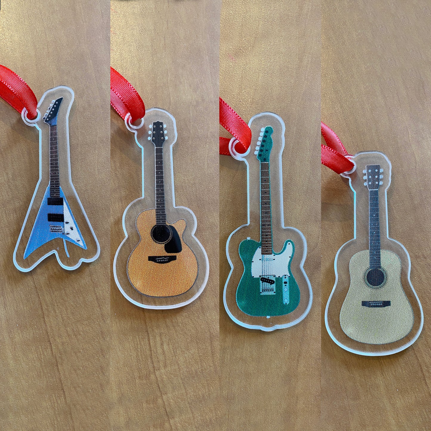 Guitars on Christmas Ornaments, Custom Cut Clear Acrylic, Set of 5 or Individual Pieces