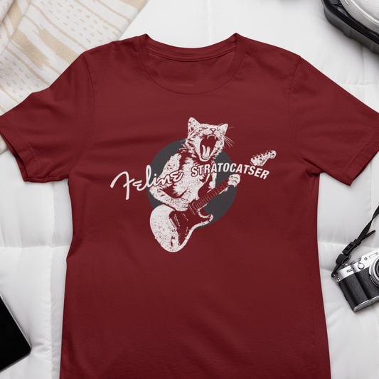 Rock Guitar Cat T-shirt, Funny Gift for Guitar players, Feline StratoCATser, Guitarist, Rock Fan, Musician Gift, Bella+Canvas 3001 Tee