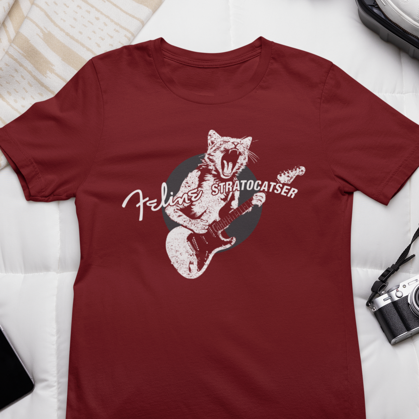 Rock Guitar Cat T-shirt, Funny Gift for Guitar players, Feline StratoCATser, Guitarist, Rock Fan, Musician Gift