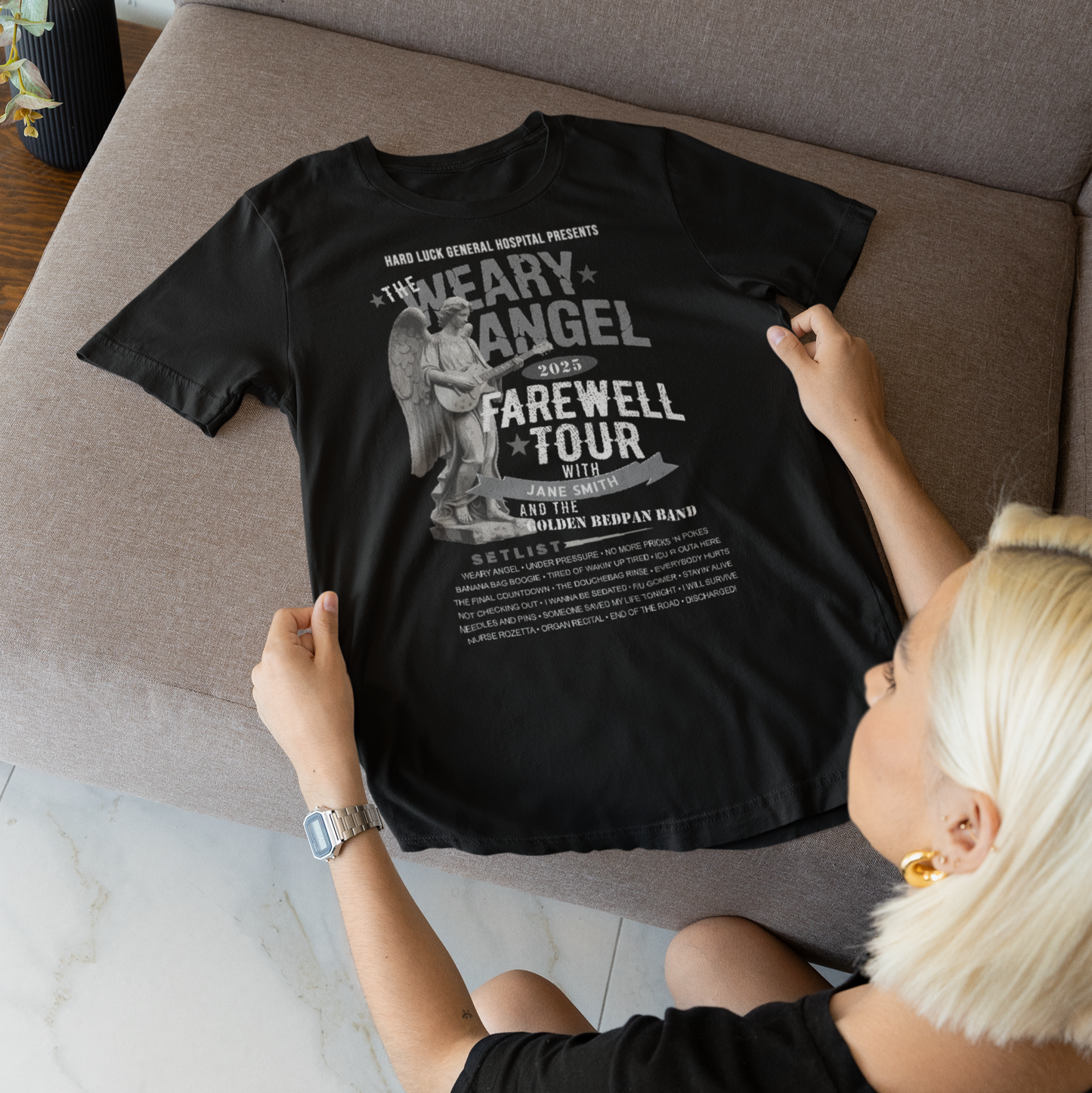 Personalized Nurse Retirement FAREWELL TOUR T-Shirt, Weary Angel Funny Rock-themed Music Fan Gift, Custom Shirt for Health Care Retiree