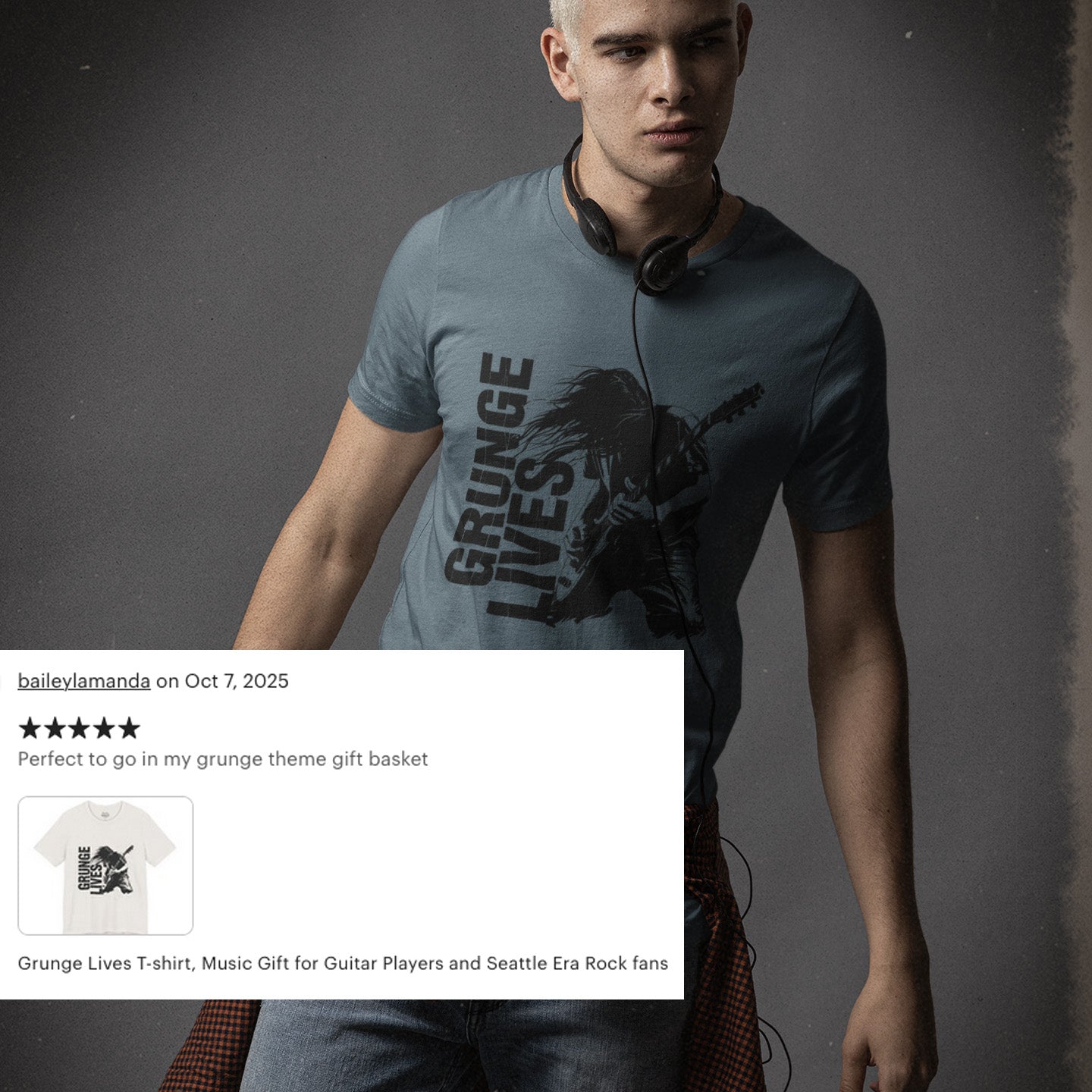 Man wearing a 'Grunge Lives' t-shirt with a guitar graphic, surrounded by text and rating.