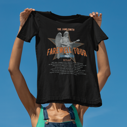 Personalized Retirement FAREWELL TOUR T-Shirt, Angel Rock Star Design Music-themed Retirement Gift for Music Fan, Custom Shirt for Retiree