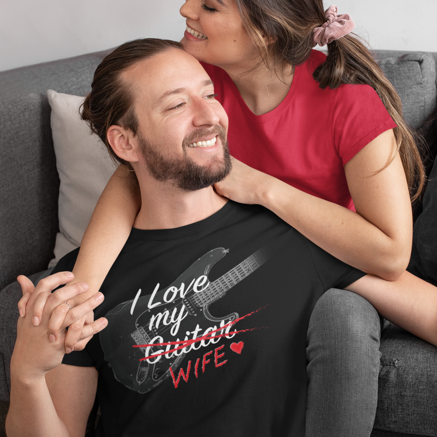 I LOVE My WIFE (Guitar), Valentine's Day Gift, Husband T-Shirt, Stratocaster on Unisex Bella+Canvas Tee, Unisex, Gift for guitarist