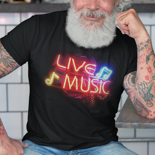 Live MUSIC T-shirt, Neon Sign Retro style on Recycled Organic Bella+Canvas 3001 Music-themed black Tee
