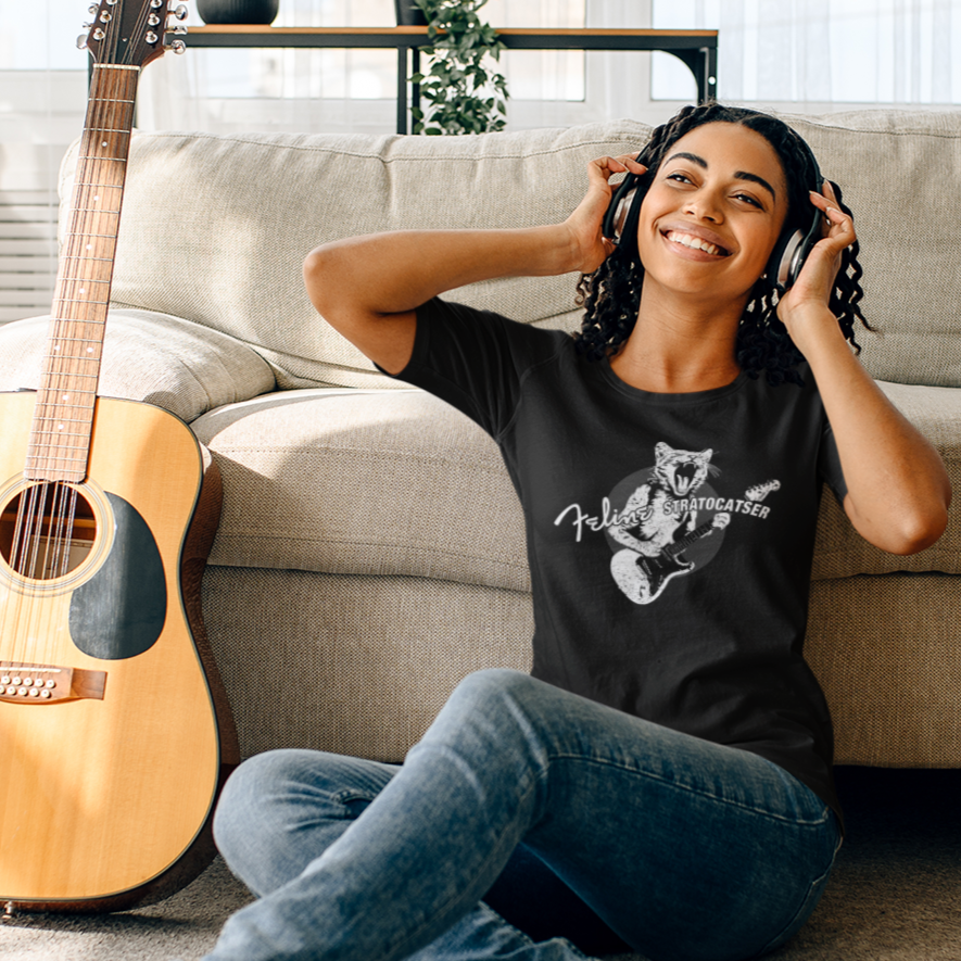 Guitar Cat T-shirt, Funny Gift for Guitar players, Feline Stratocatser, Musician Gift, Bella+Canvas 3001 Tee