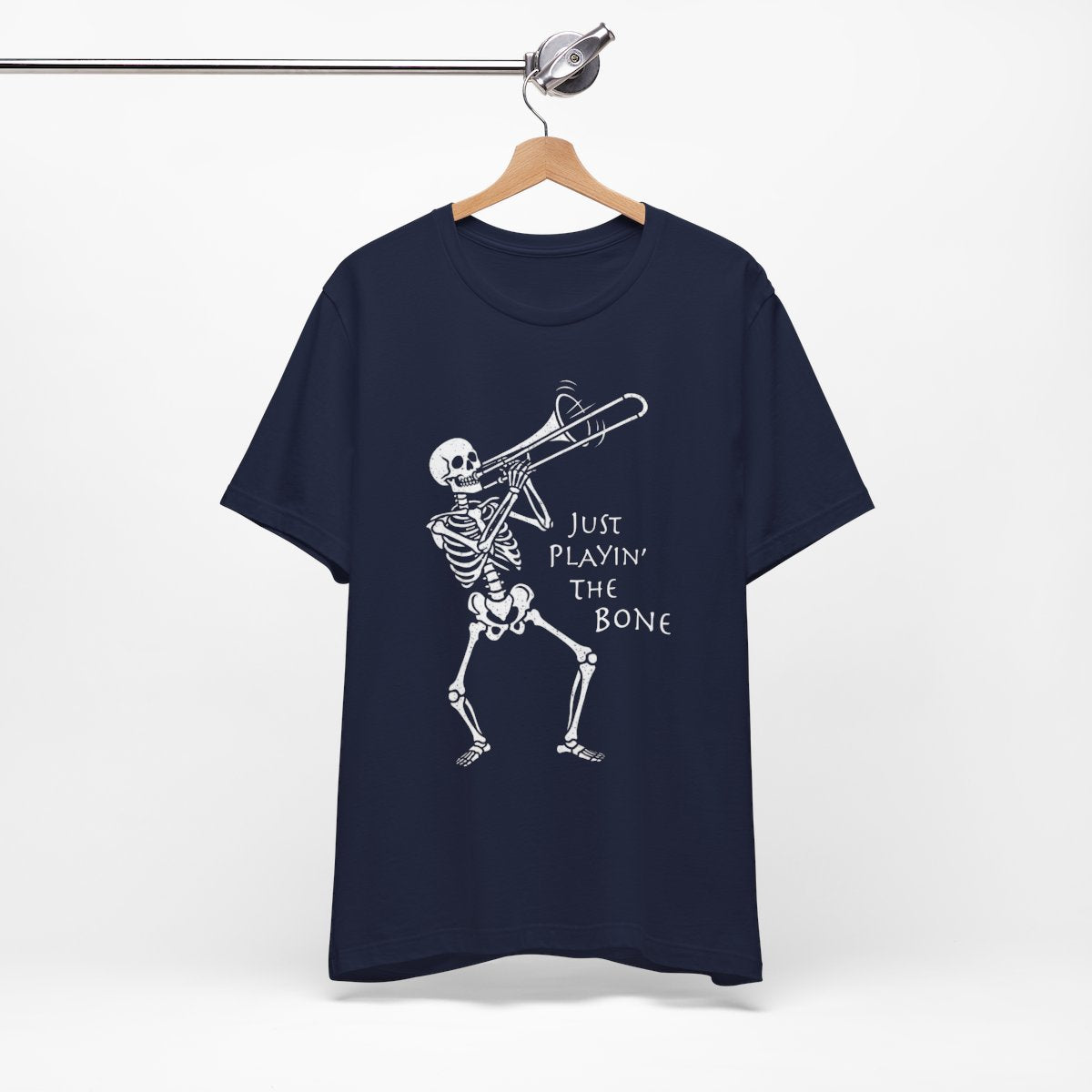 Trombone Playing Skeleton T-shirt, Music Fan Halloween Tee, Funny Jazz Trick or Treat Top