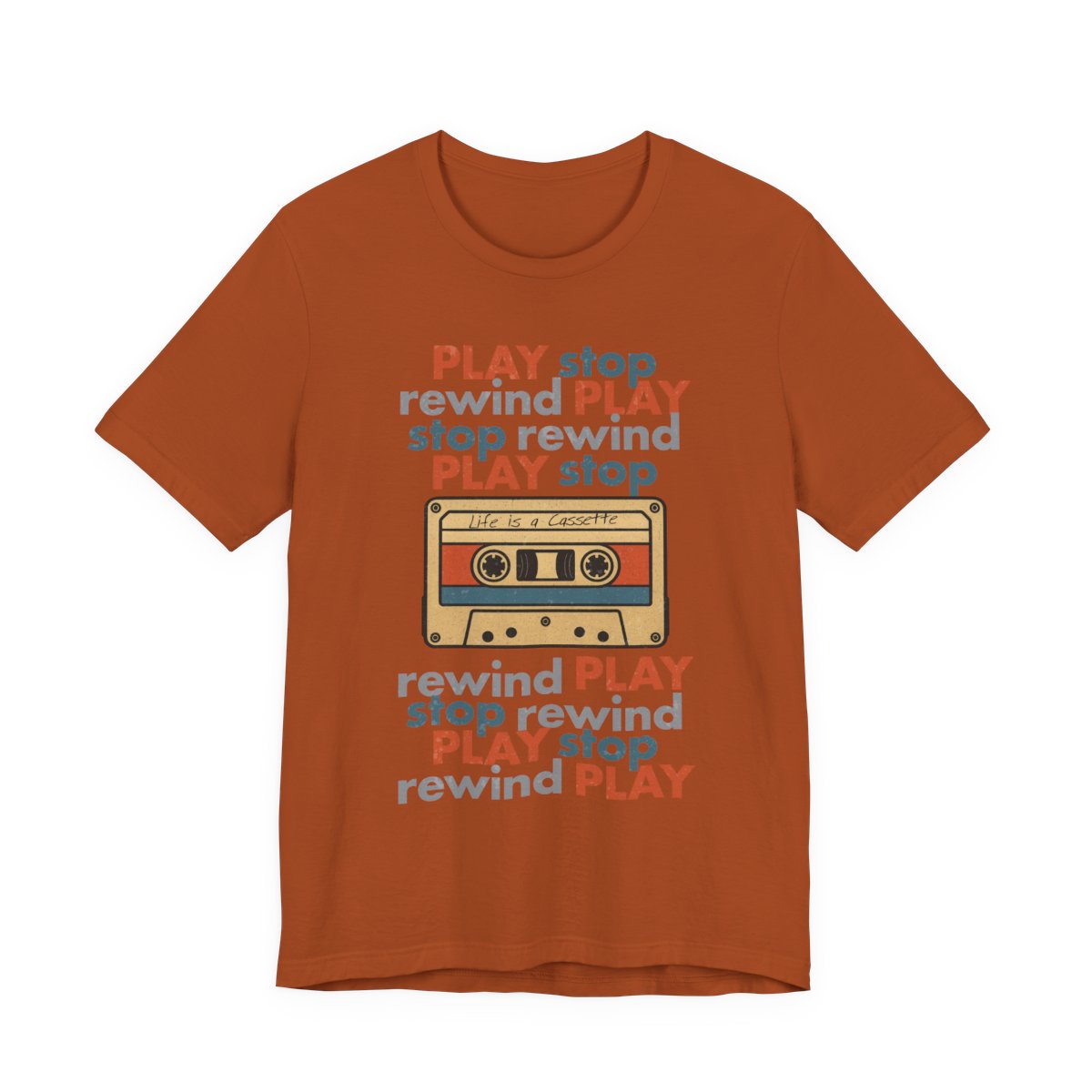 Orange t-shirt with a cassette tape graphic and text on a white background