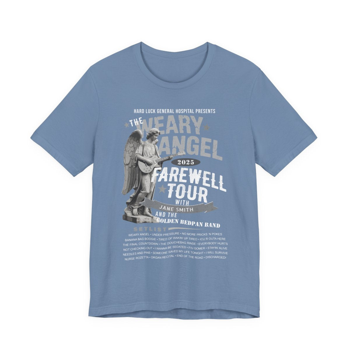 Blue t-shirt with 'Weary Angel' farewell tour graphic on a white background